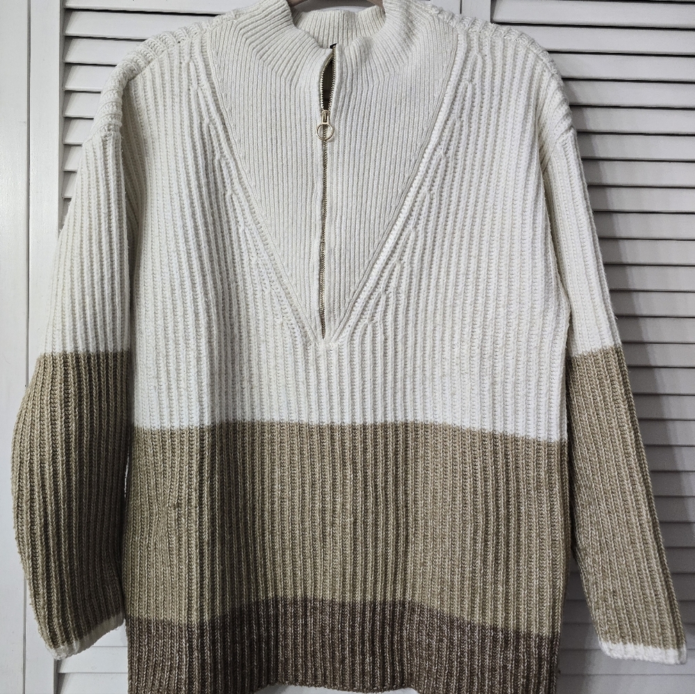 Talbots Women's Zip-Front Colorblock Knit Sweater — Cream, Beige & Brown